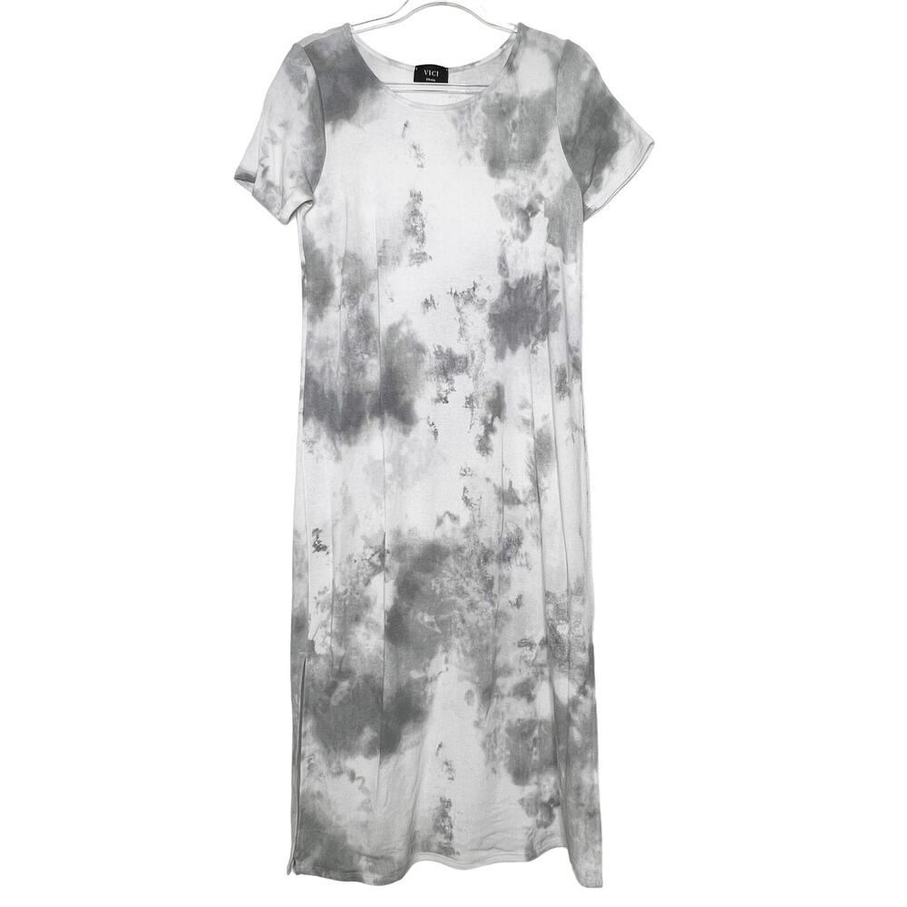 VICI Tie Dye T-Shirt Dress Crew Neck Short Sleeve Side-Slit White Black Sz Small